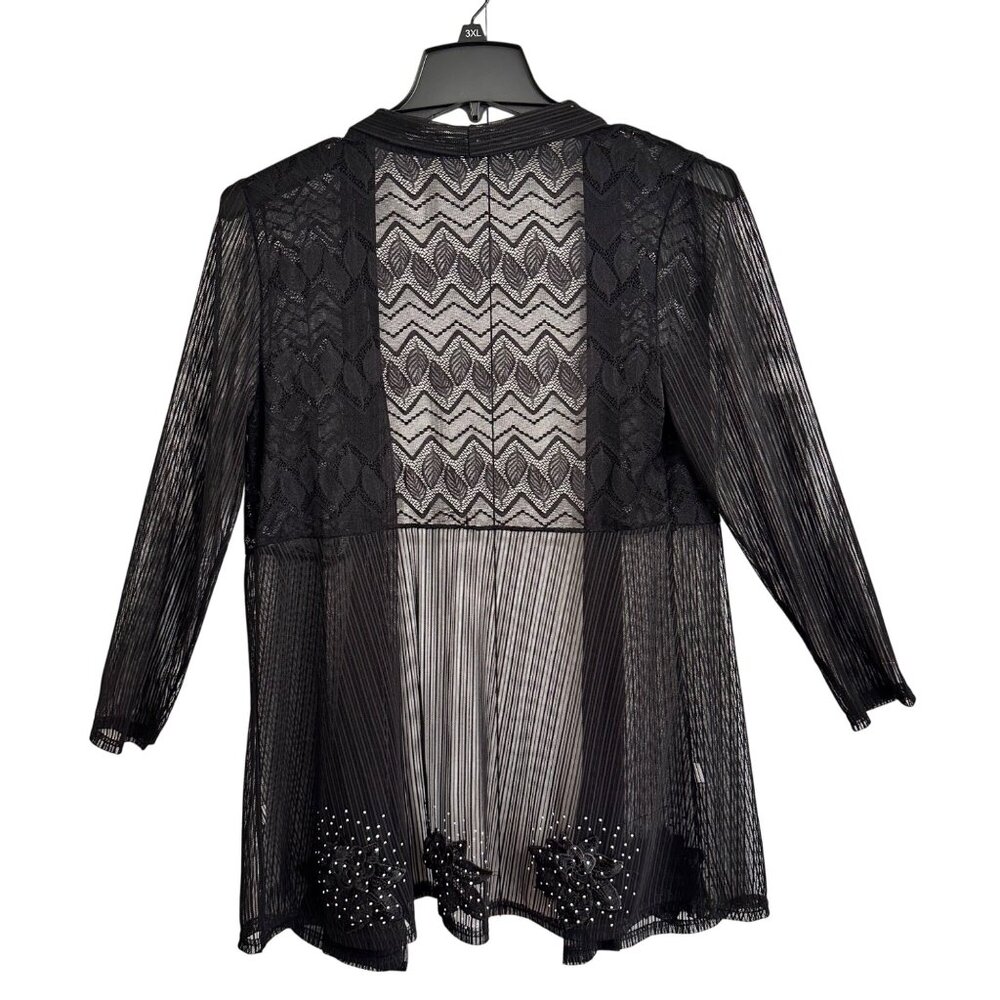 Women's Open Front Lace Cardigan Black SZ L Rhinestone Floral Witchy Whimsgoth - Picture 2 of 8